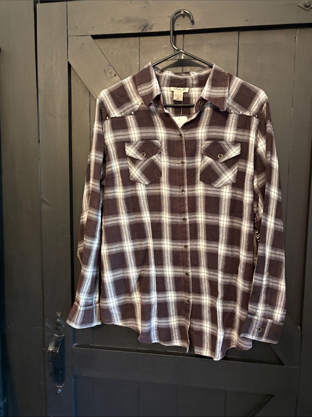 Women's Brown and White Plaid Button-Down Shirt by Lucky Brand